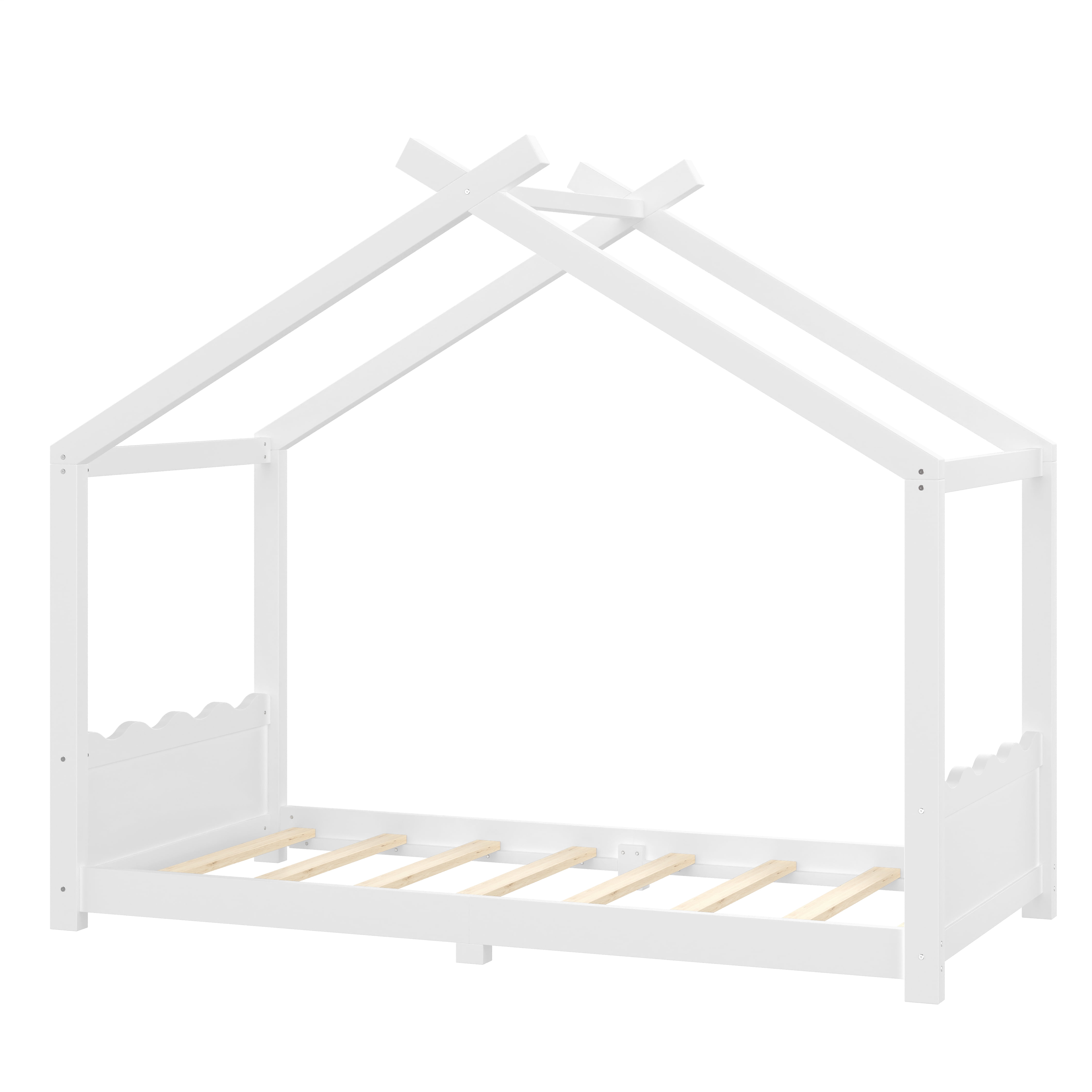 Yoneston Twin House Floor Bed with Roof, Solid Wood Platform Bed Frame with Opening Constructure for Kids, No Box Spring Needed, White