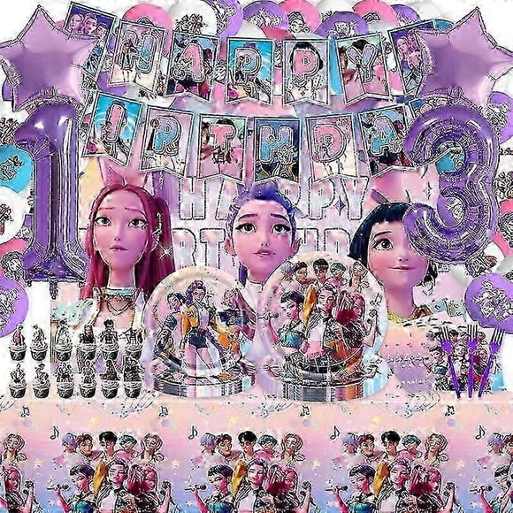 Kpop Demon Hunters Birthday Party Set: Dukar, Tallrikar, Koppar, Ballonger, Cake Topper Fr Barn