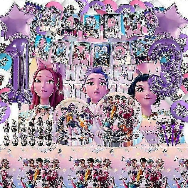 Kpop Demon Hunters Birthday Party Set: Dukar, Tallrikar, Koppar, Ballonger, Cake Topper Fr Barn