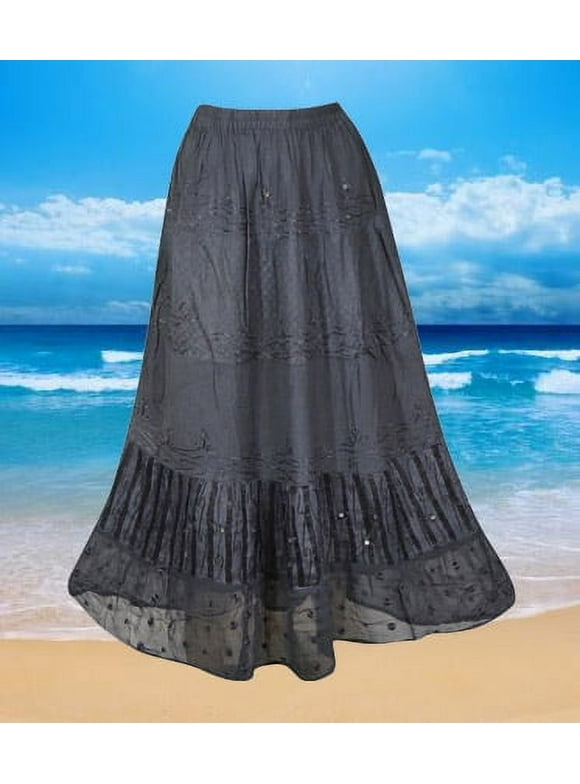 Black Renaissance Long Skirt with Glitter Embroidery Boho Skirts, Elastic Waist Skirt,Handmade, Hippe Faire Midi Skirts S/M/L