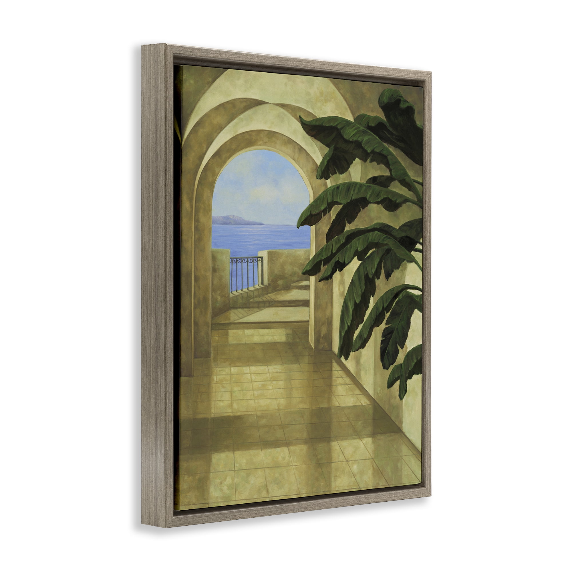 Stupell Industries Coastal Villa Palm Town & City Painting Brown Floater Framed Art Print Wall Art, 17 x 21