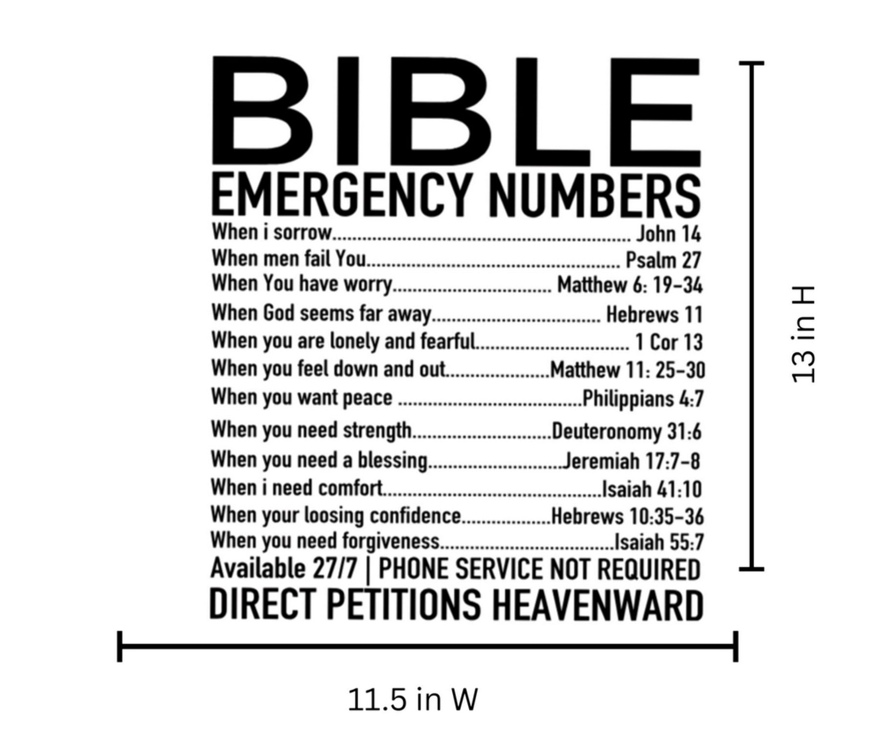Bible Emergency Numbers Heat Transfer Iron On Vinyl Decal | 11.5x13 Faith Decal | Scripture Apparel |Direct Petitions Heavenwards
