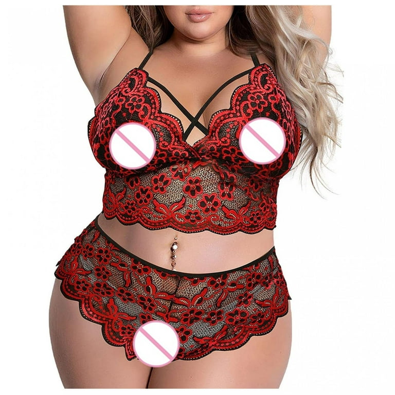 Women's Bra and Panties Lace Snap Exotic Two-piece Set Negligee Sexy  Lingerie Strappy Naughty Play Underwear Suit Red