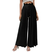 JDEFEG Women Casual Pants Elastic Waist Womens Wide Leg Palazzo Pants High Waisted Pant Smocked Pleated Loose Fit Casual Trousers Fancy Clothes for Women Chiffon Black Xl