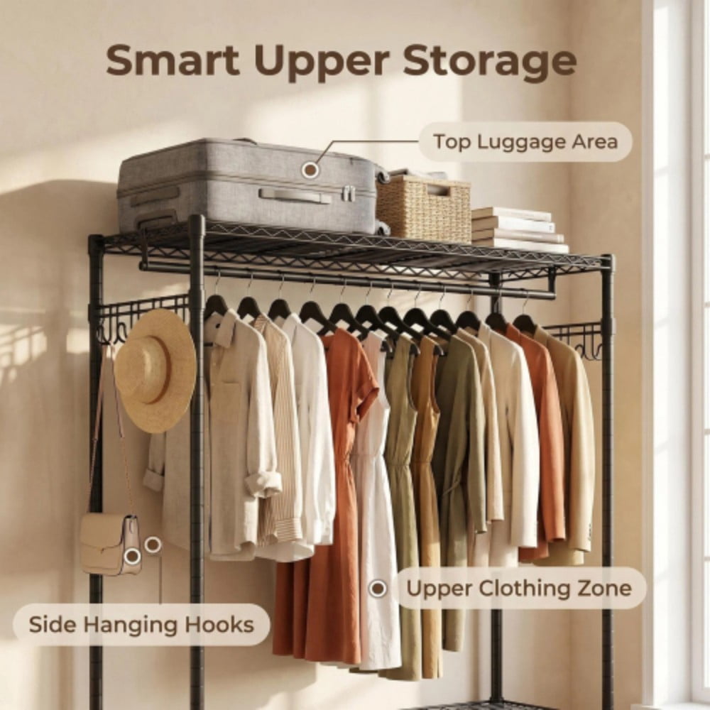 Rolling Clothes Rack, Heavy Duty Garment Rack with Wheels, 3-Tier Adjustable Wire Shelving, 2 Clothes Rods & Side Hooks, Freestanding Metal Clothing Rack, Black