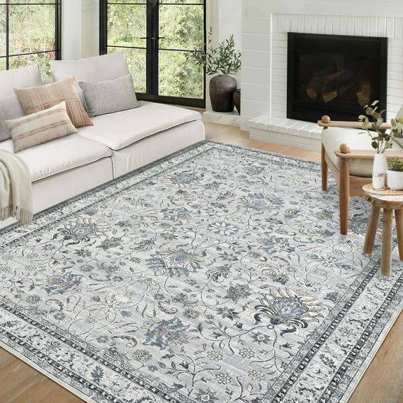 GlowSol 9'x12' Washable Large Area Rugs for Living Room Vintage Floral Print Rug Boho Non-Slip Throw Rug Low Pile Soft Carpet, Gray