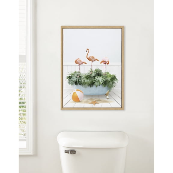 Kate and Laurel Sylvie Three Flamingos Beach House Bath Framed Canvas Wall Art by Amy Peterson, 18x24 Natural, Cute Animal Bathtub Art for Wall