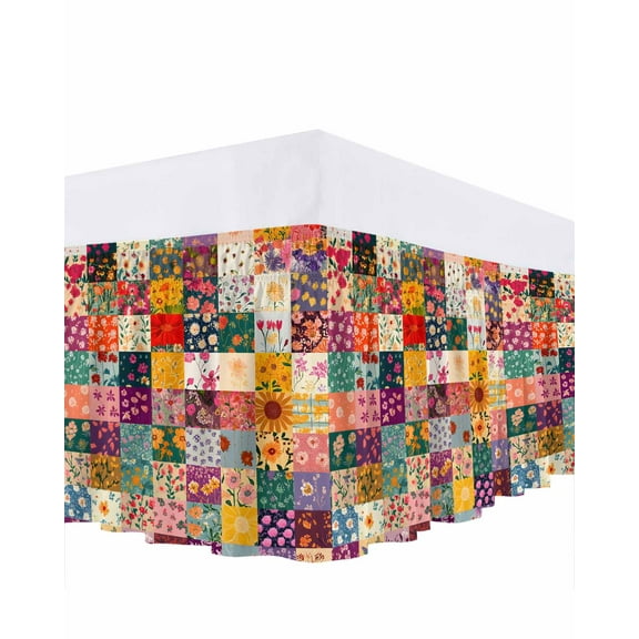 Vintage Flowers Bed Skirt Queen Size 16" Drop Blooming Flowers Irregular Arrangement Ruffled Wrap Around Bed Skirts Adjustable Elastic Bedskirt Dust Ruffle for Queen Size Bed