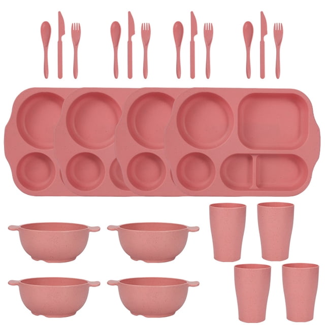 Nvzi 24Pcs Wheat Straw Dinnerware Cutlery Sets, Divided Plates Unbreakable Bowl Microwave Dishwasher Safe Tableware Cutlery -Pink