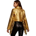 thumbnail image 2 of Haitryli Shiny Fringe Cropped Jacket for Women Long Sleeve Lapel Zip Up Western Style Biker Outerwear Gold S, 2 of 6