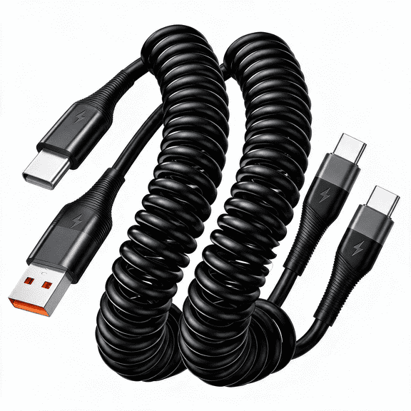 Coiled USB C Cable for Car, [2-Pack, 6.5ft] Coiled USB A to USB C,USB C to Type C, Fast Charging Cable for iPhone 17/16/15/Plus/Pro/Pro Max/Samsung Galaxy S23, Black