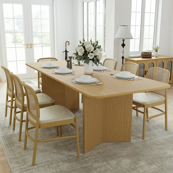MAYEERTY 79*33.5*30" Modern V-Leg Rectangular Natural Wood Dining Table, Spacious for 8