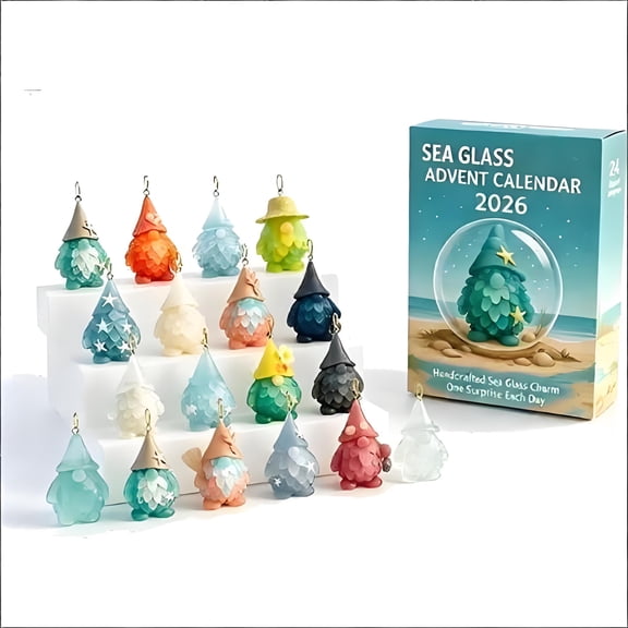 Sea Glass Advent Calendar 2026, 24 Days Beach Themed Gnome Charms Countdown Gift Box, Nautical Coastal Hanging Ornament Surprise Set for Christmas Holiday Home Decor