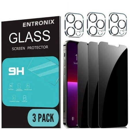 Entronix 6-Piece Bundle for iPhone 13 Pro, 3 Privacy Screen Protector and 3 Camera Lens Guard, HD Tempered Glass