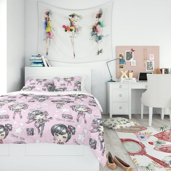 Designart 'Rock Girl Super Star Street Dance' Modern Teen Duvet Cover Set