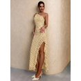 thumbnail image 3 of Womens Yellow Polka Dot One Shoulder Long Dress, Ruffle Hem Slit, 3 of 10