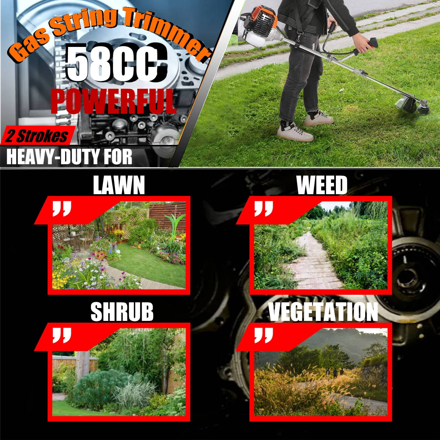 Adnoom 58cc Lawn Mower 4-in-1 Brush Cutter Gas Powered Weed Eater Weed Wacker Adjustable Straight Shaft String Trimmer with 4 Detachable Head for Grass, Weed, Bushes