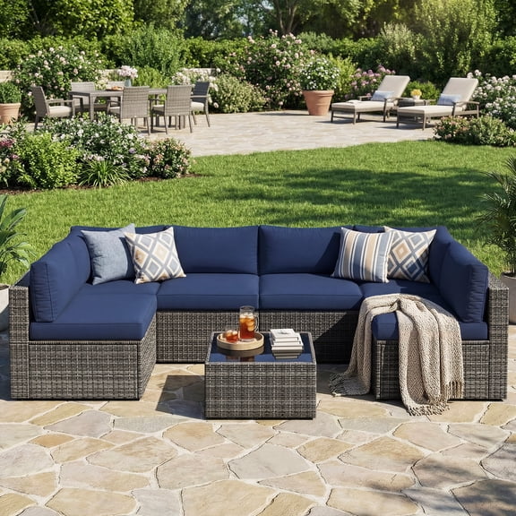 Superjoe 7-Piece Modular Patio Furniture Set, Wicker Outdoor Sectional Sofa with Cushions and Coffee Table,Conversation Sets for Porch Balcony Backyard Patio,Dark Blue