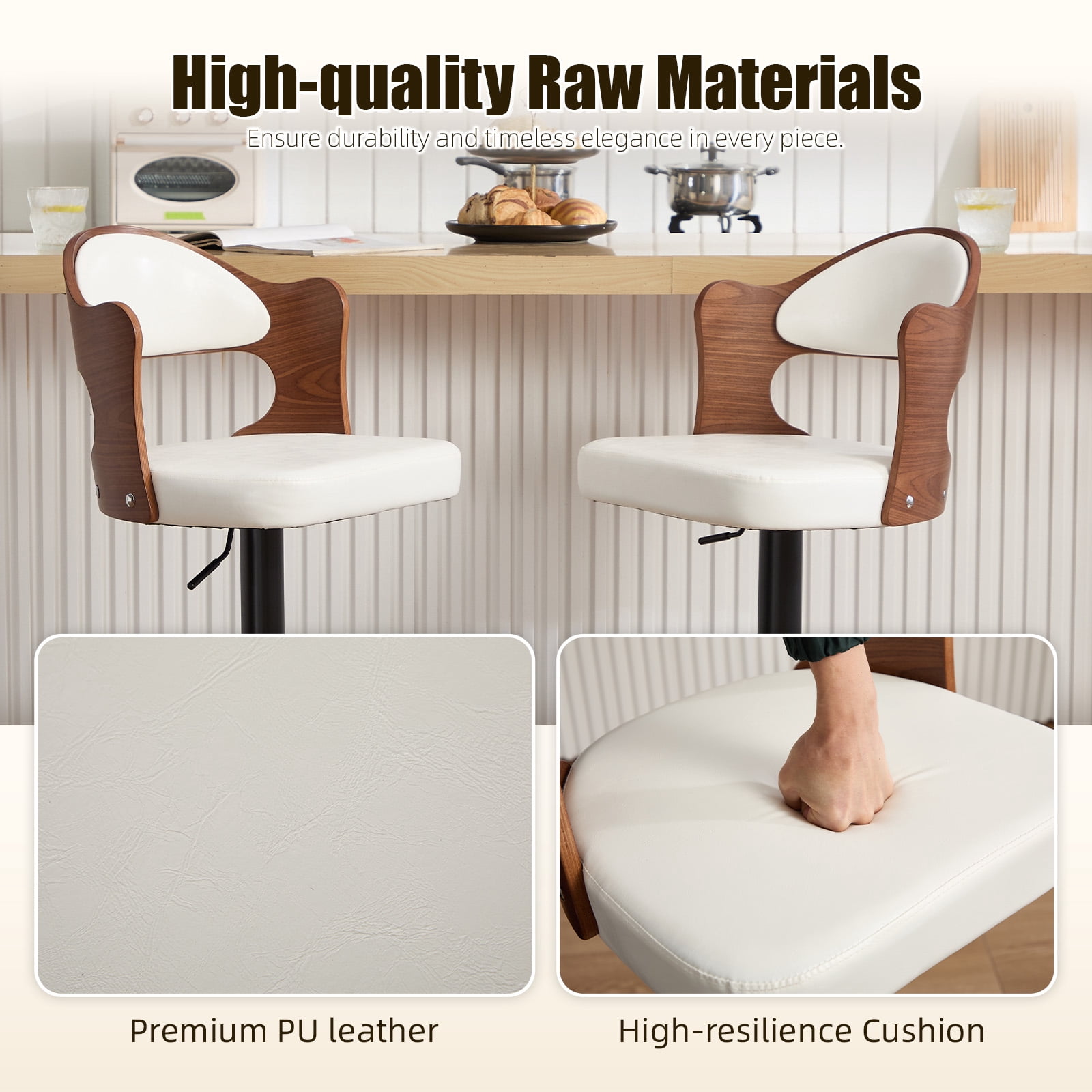 Homefun Swivel Bar Stools Set of 2,Wooden Upholstered Scratch-Resistant Fabric with Back,Chairs for Kitchen Island,White