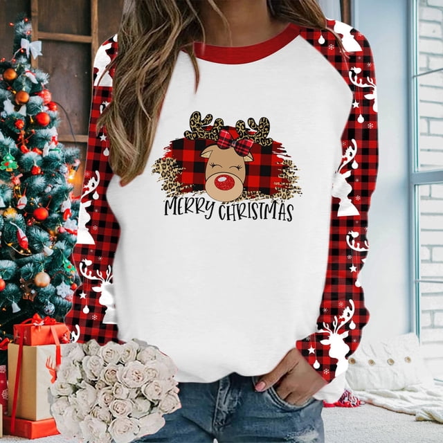 Offres du Black Friday! 2022 JERDAR Hauts de Noël pour Femmes T-shirt Imprimé Mode Ample Manches Longues Blouse Col Rond Hauts Décontractés Rouge G