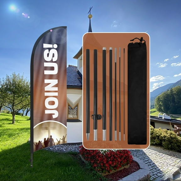QSUM Church Themed Swooper Flag, 8.2FT Join Us Advertising Feather Flag with Pole Kit, Ground Spike, Join Us Signs for Businesses and Storefronts