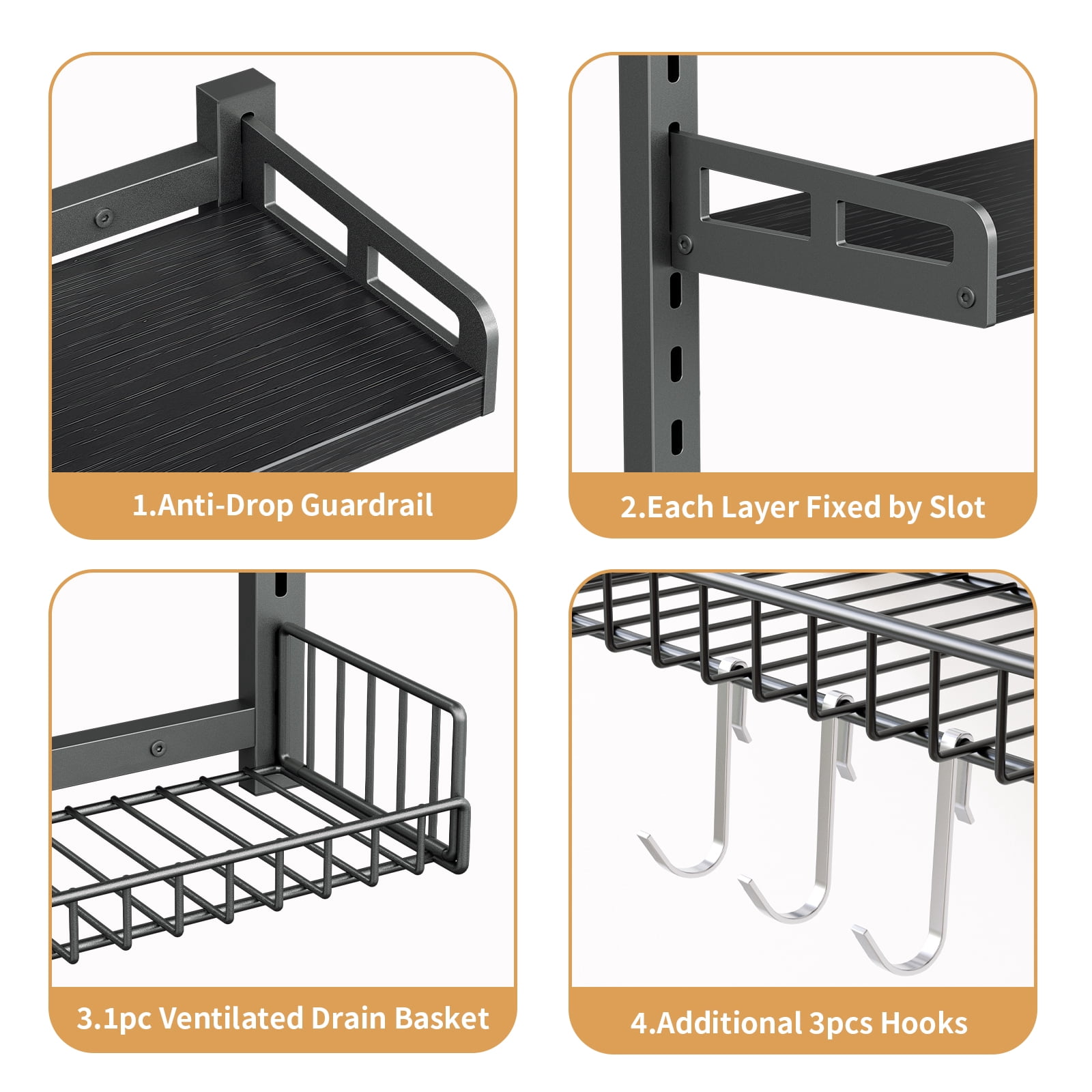 Biemlerfn 3-Tier Wall Mounted Storage Organizer Shelf, Space-Saving & Height-Adjustable Over The Toilet Storage Rack for Bathroom, Kitchen, Living Room, Black
