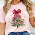 thumbnail image 2 of Colorful Glitter Christmas Tree Pink Bow T-Shirt, Pink Bow Coquette Holiday Tee, 2 of 8