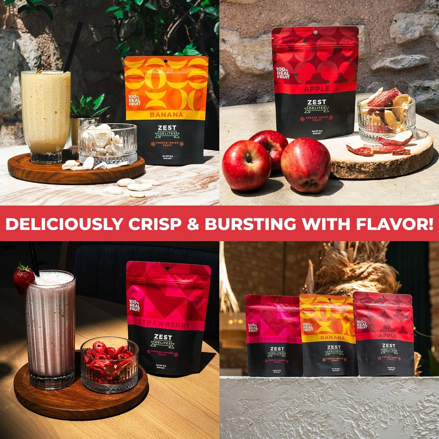 Zest Delites Freeze Dried Fruit, Strawberries, Apples, Bananas, Healthy Adult Snack, 18 Pack