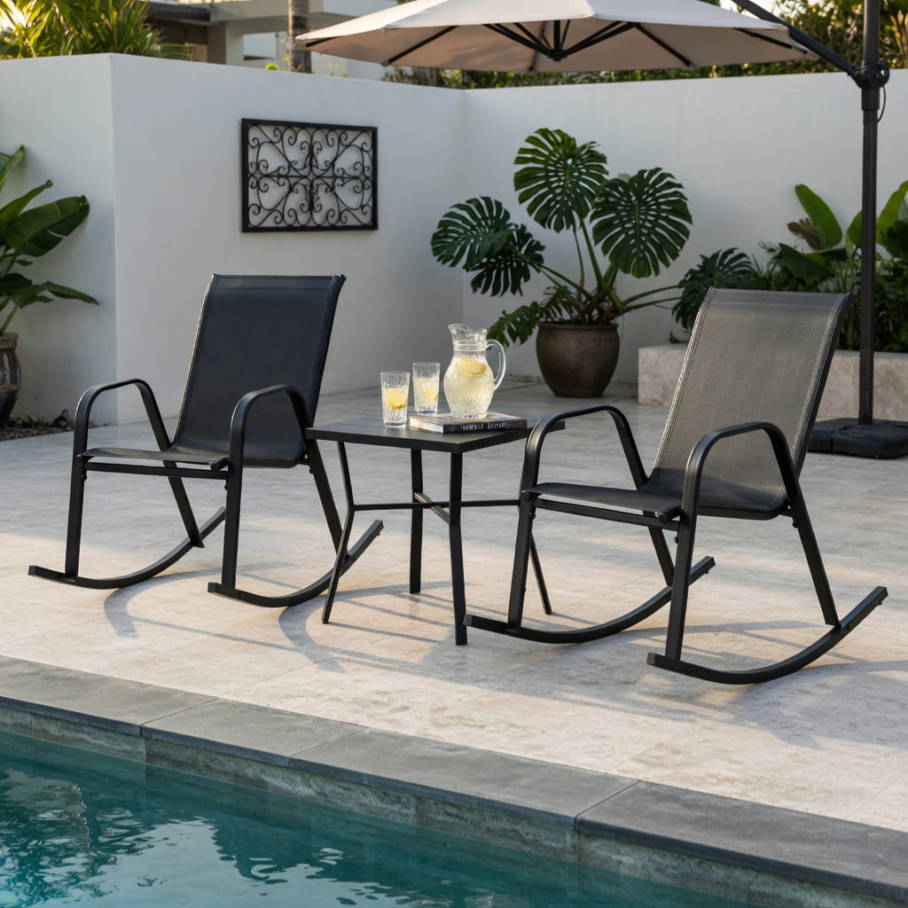Hommoo 2-Pack Modern Metal Rocking Chairs for Patio, Breathable Fabric Seat, Rust-Resistant Frame, Indoor/Outdoor Use, Black