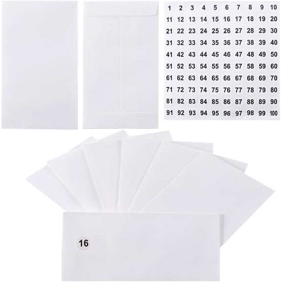 100Pcs Small Coin Envelopes with Number Stickers White Mini Self-Adhesive Seed Packets Kraft Paper Envelopes with Polka Dot 1~100