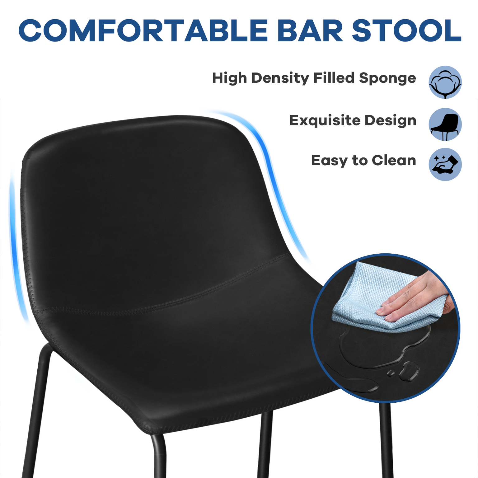 TAVR 24" Bar Stools Set of 3 with Back, Faux Leather for Home, Kitchen, Black