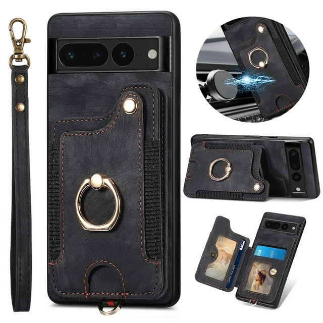 for Google Pixel 6 Pro Case with Ring Holder, Pixel 6 Pro Wallet Case with RFID Blocking Card Holder Wristlet Strap, Magnetic Button Flip Folio Kickstand Shockproof Phone Cover,Blue
