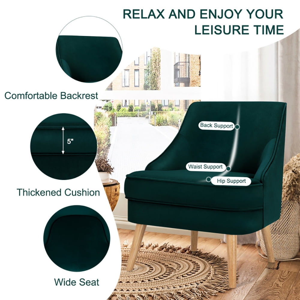 Finihen Velvet Accent Chair, Mid Century Velvet Accent Chair with Rubber Wood Legs, Thickly Padded, for Living Room, Bedroom, Green
