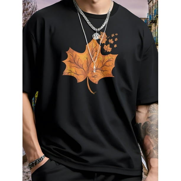 Camiseta informal con estampado de hoja de arce para hombre: manga corta, algodón, diseño otoñal con vibrantes estampados de hojas naranjas y amarillas, ideal para un estilo urbano con temática natura