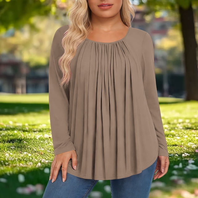TaTaai Ladies Plus Size Loose Fit Solid Color Long Sleeve Crew Neck Tops Pleated Detail Casual Soft Comfortable Elegant Blouse For Women Daily All Season Gift