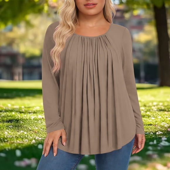 TaTaai Ladies Plus Size Loose Fit Solid Color Long Sleeve Crew Neck Tops Pleated Detail Casual Soft Comfortable Elegant Blouse For Women Daily All Season Gift