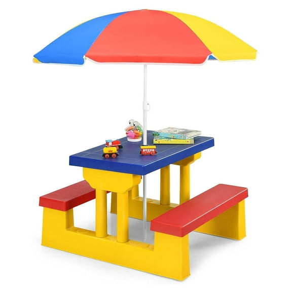 Kids Picnic Table, Outdoor Kids Table and Set w/Removable Umbrella, Plastic Children Patio Furniture, Toddler Picnic Tables
