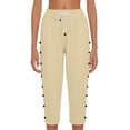 thumbnail image 4 of Women's Striped Linen Capri Pants Elastic Drawstring Waist Side Buttons Wide Leg Lightweight Summer Cropped Trousers With Pockets Camel M, 4 of 5