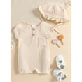 thumbnail image 2 of Caoirhny Baby Solid Color Clothes Set, Short-sleeved Crew Neck Chest Pocket Jumpsuit Romper with Lace Hat for Summer, 2 of 8