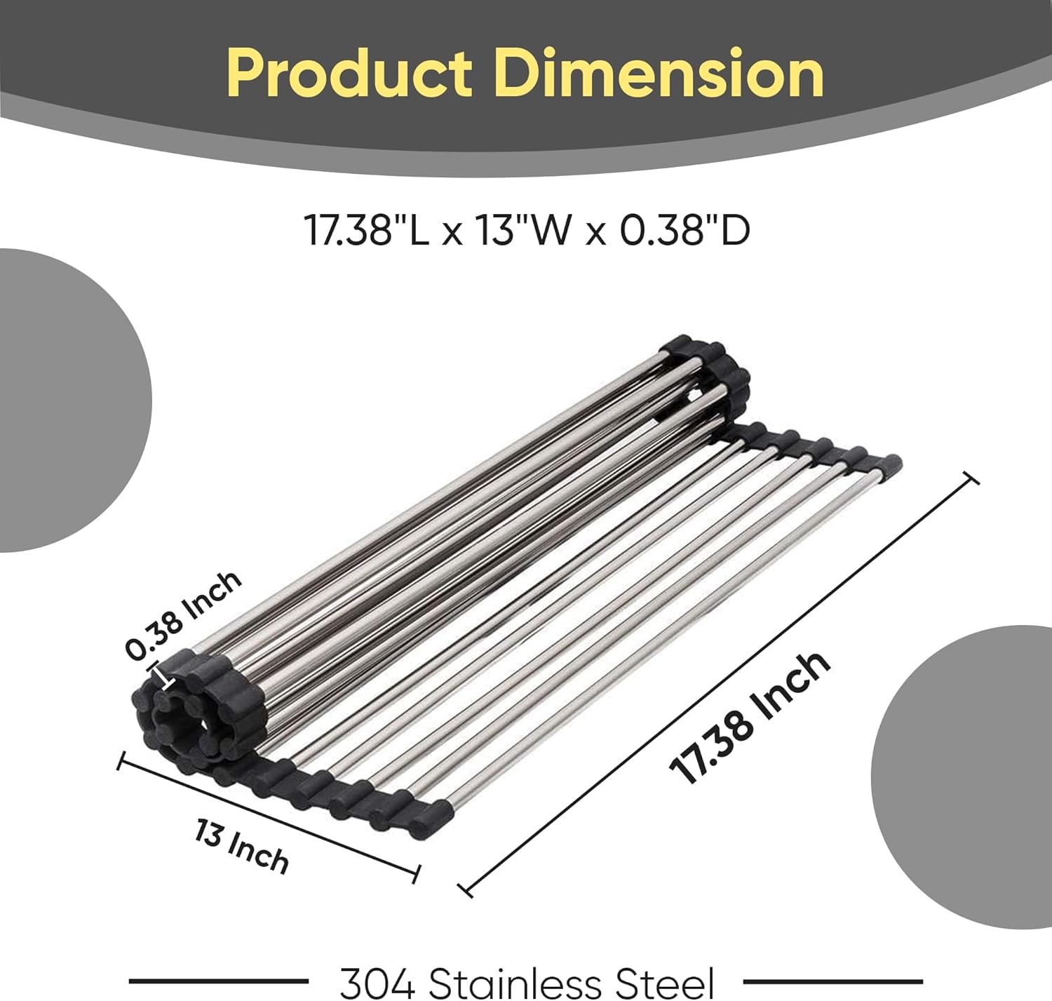 Strictly Sinks Stainless Steel Roll Up Dish Drying Rack – Silver 17 Inch Over The Sink Drying Rack Ideal for Workstation Sinks Only – Multipurpose Foldable Kitchen Dish Rack (17-3/8″ x 13″ x 3/8″)