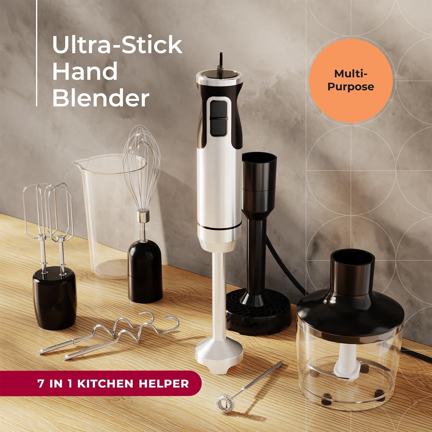Living Immersion 8-Speed Hand Blender with Full 7-Piece Attachment Set, Includes Stainless Steel Blade, Whisk, Milk Frother, Beater, Mixing Hooks, Potato Masher & Chopper Bowl
