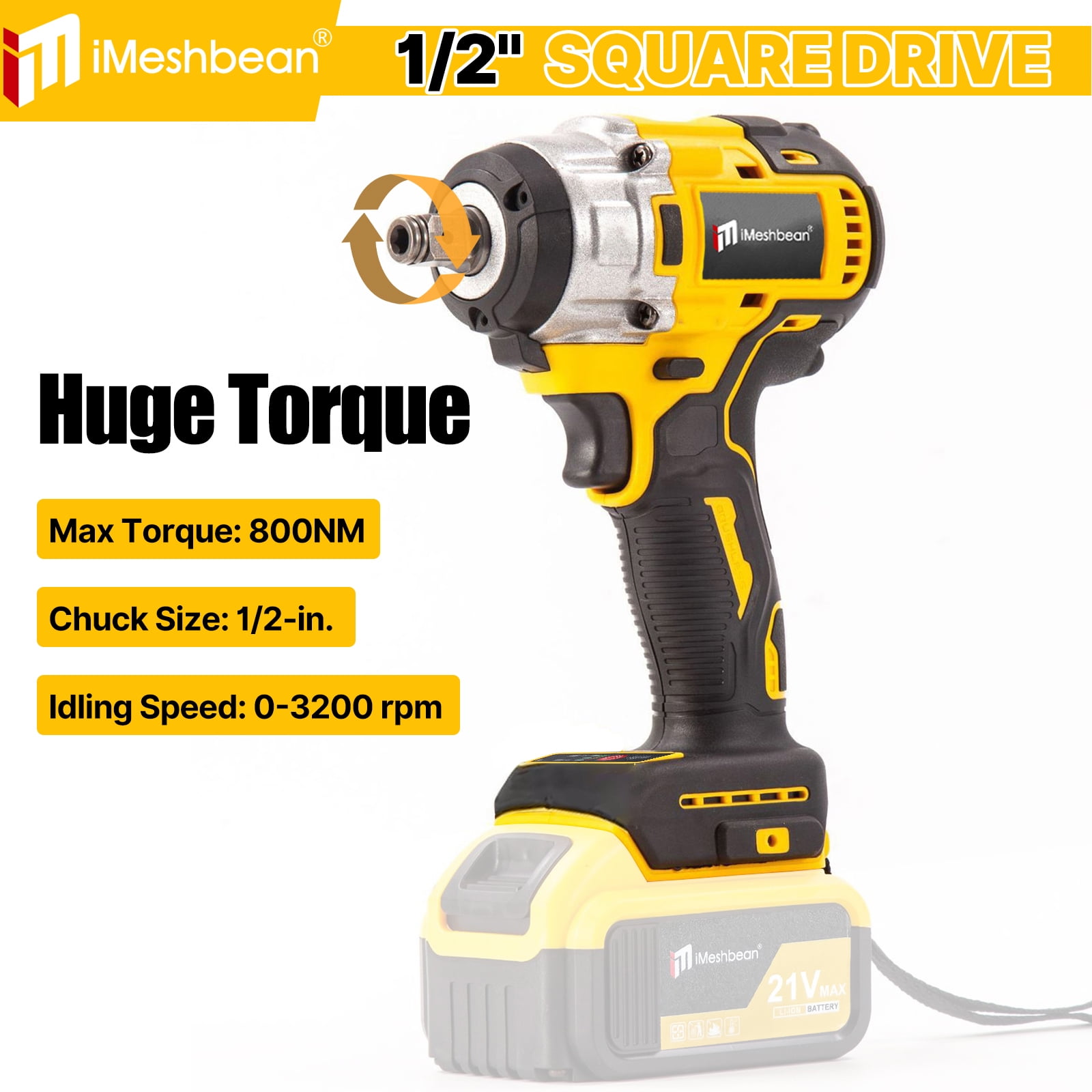 iMeshbean High Torque 1/2" Cordless Impact Wrench 3 IN 1 Compatible with Dewalt 20V Battery (No Battery)