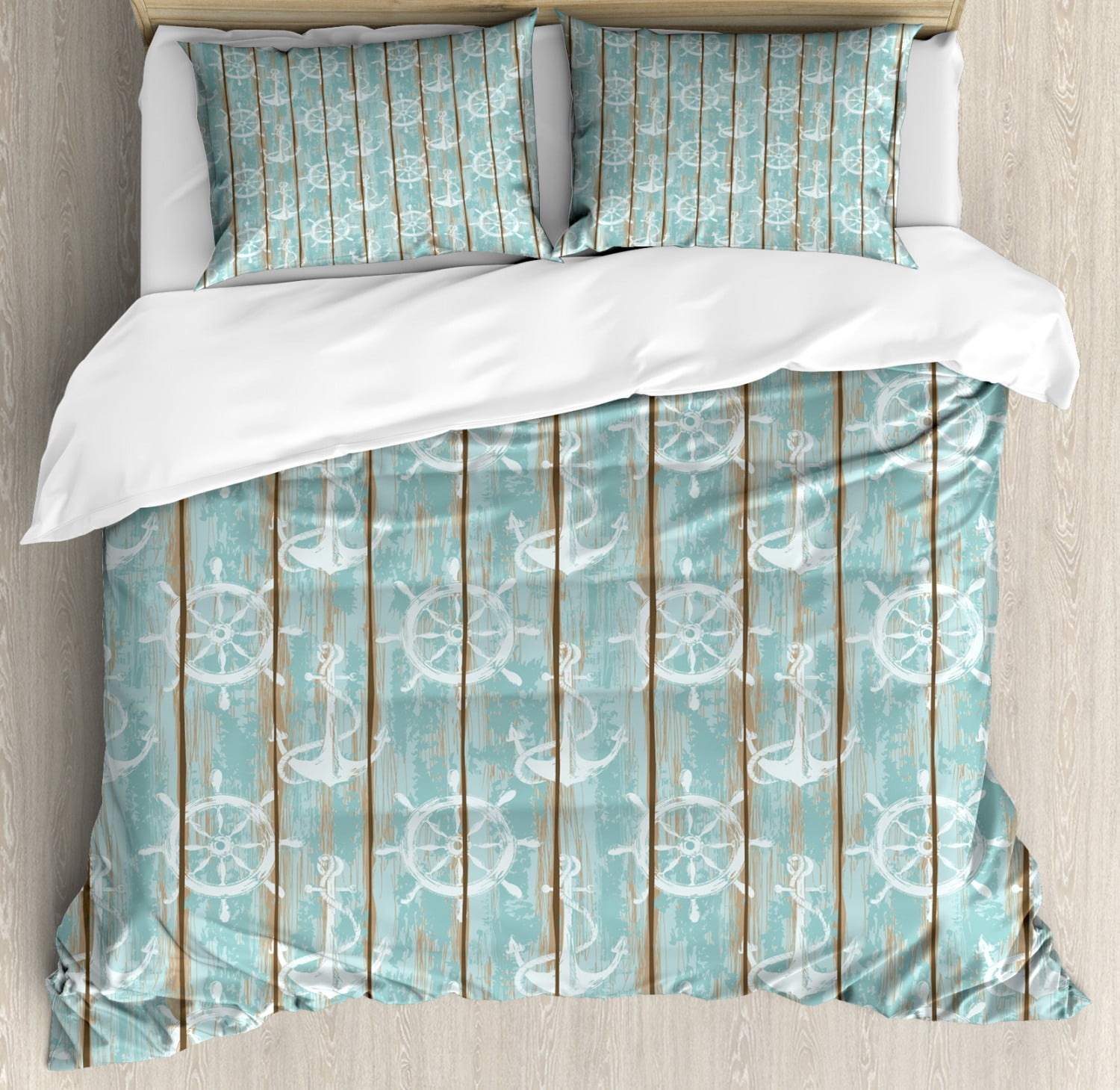 Nautical Duvet Cover Set Queen Size, Marine Elements Drawn on Old Wood