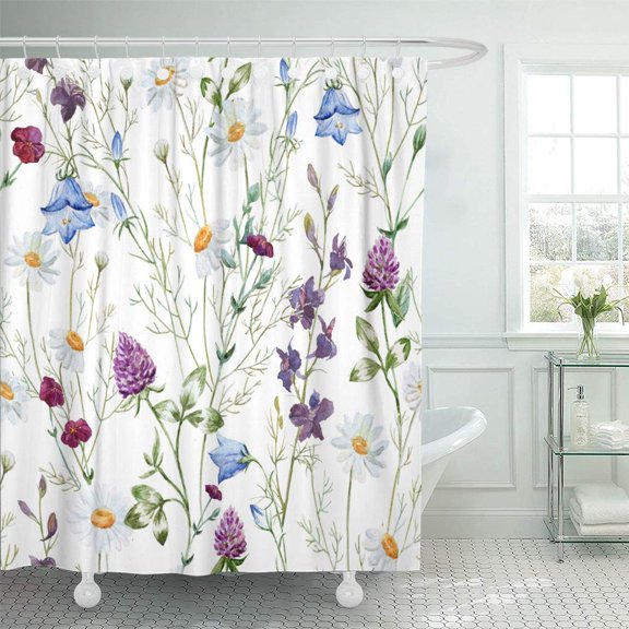 KSADK Yellow Abstract Watercolor Chamomile Clover Bell Wildflowers Flowers Blue Wild Shower Curtain 66x72 inch