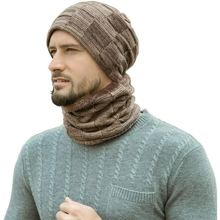 Morttic Mens Winter Beanie Hats Scarf Set Warm Knit Hats Skull Cap Neck Warmer with Thick Fleece Lined (Khaki)