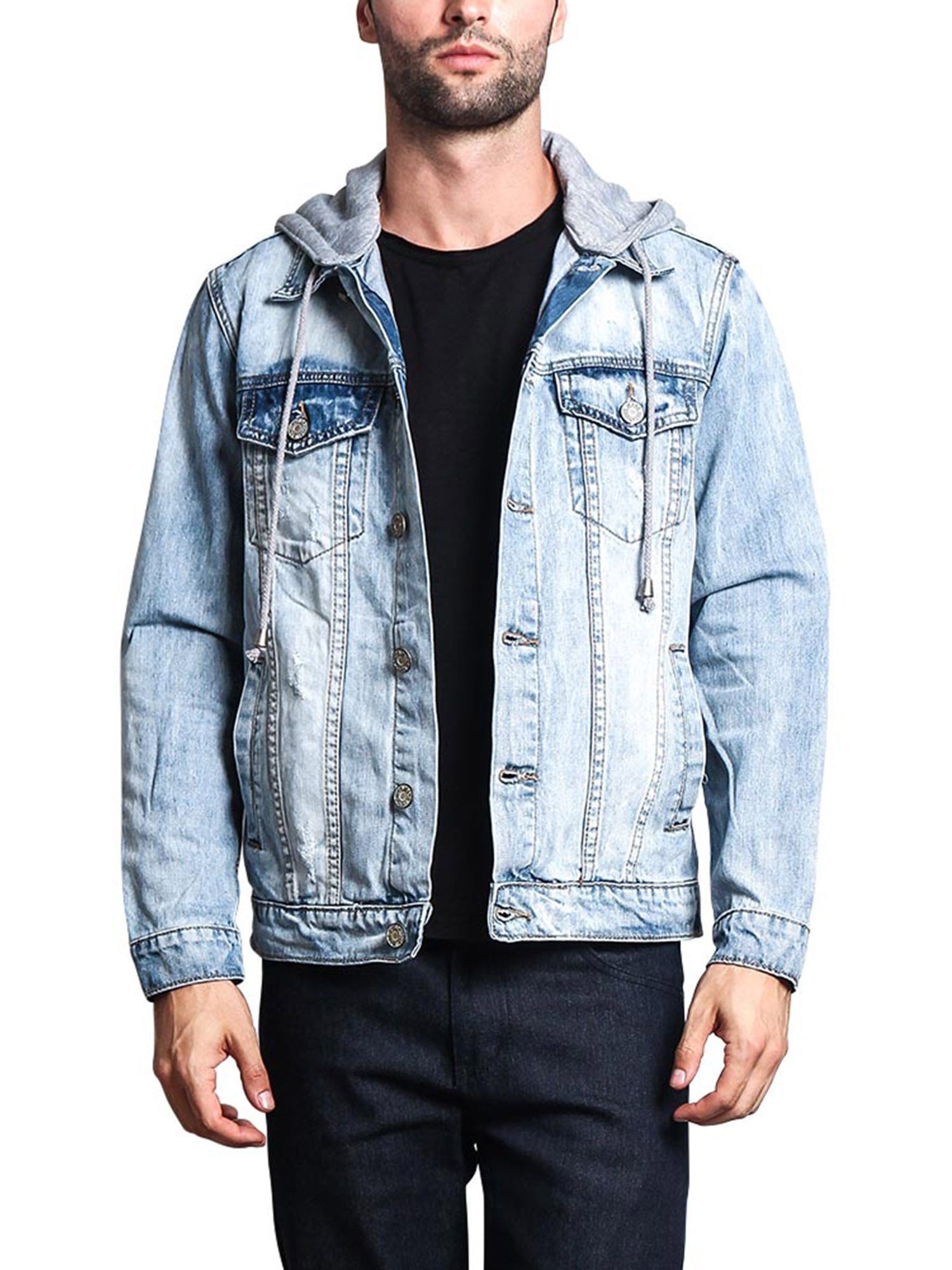 Victorious Men's Hoodie Layered Distressed Denim Jacket with Removable ...