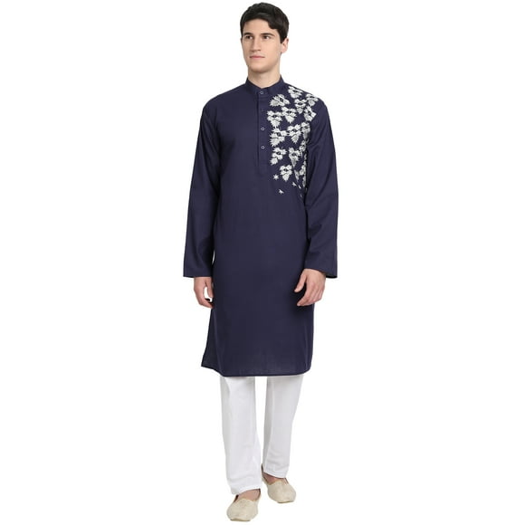 SKAVIJ Kurta Pajama Set for Men Embroidered Cotton Wedding Party Dress Blue L