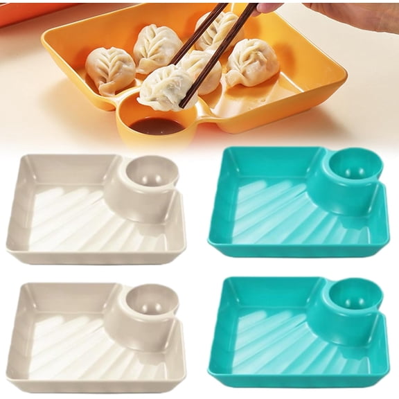 Sauce Separated Plate with Built-In Dipping Compartment – 2-in-1 Multi-Section Serving Dish Ideal for Appetizers, Sushi, Dumplings, Chips, Fried Chicken and Various Snacks 4PC-D