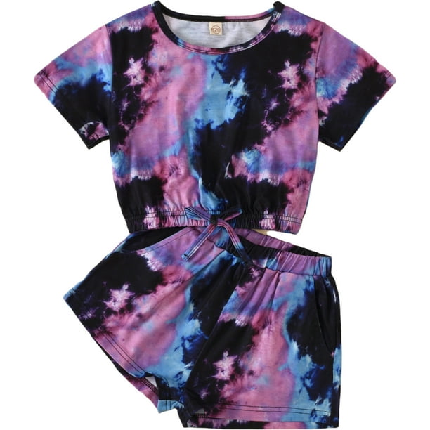Douhoow 4-9 Years Girls Summer Clothes Set Tie-Dye Print Short T-shirt Shorts - Walmart.com