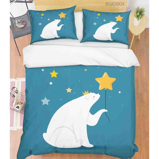 3D Cartoon Azul Cielo Nocturno Oso Polar Animal Estrella Funda de edredón Juego de ropa de cama